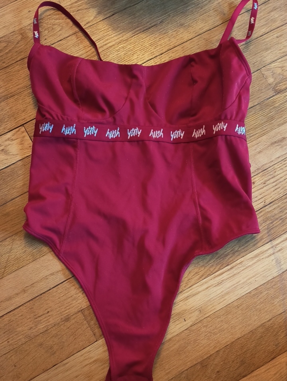 YITTY Deep Red Sparkle One-Piece Bodysuit with Script Waistband